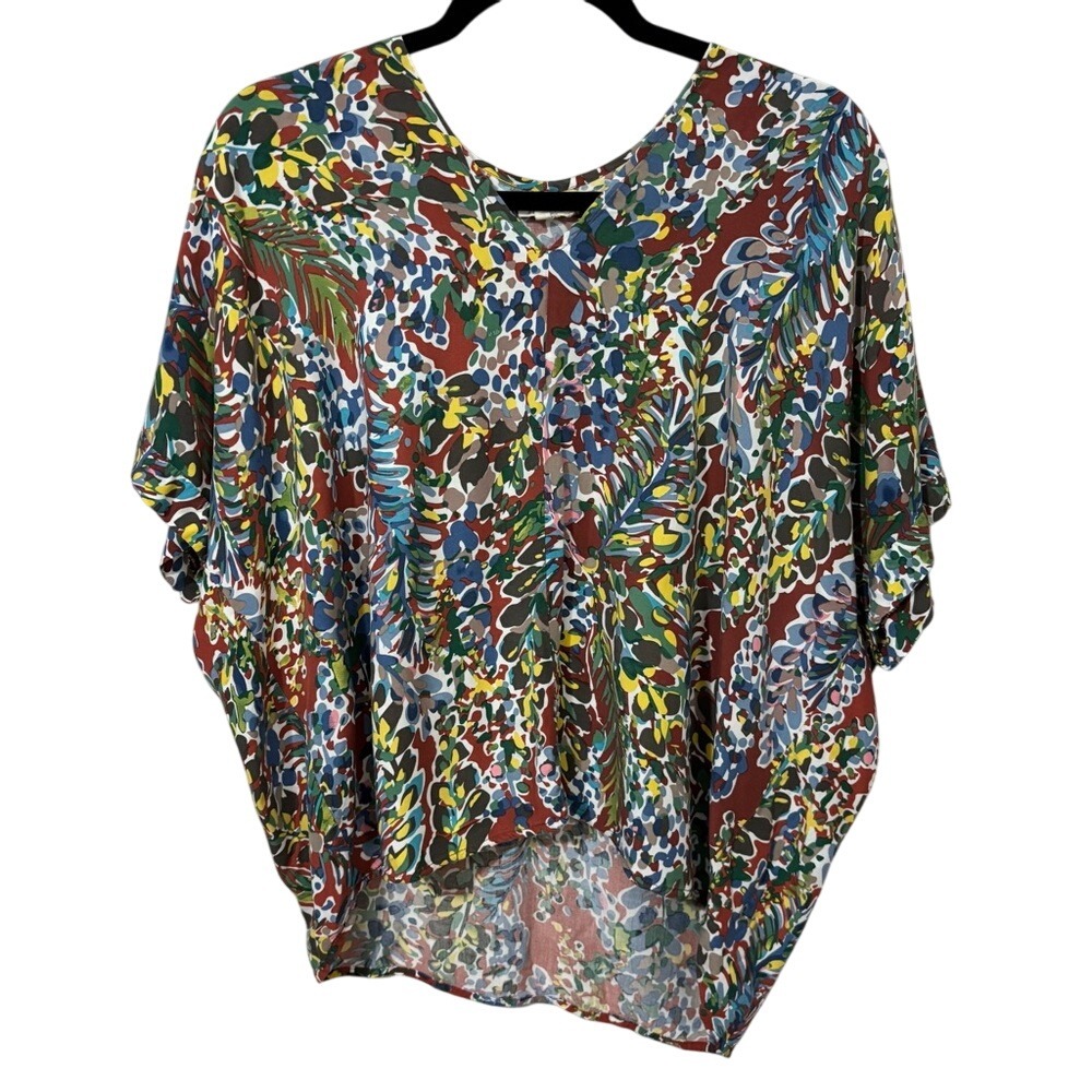 Jodifl Artistic Blue and Yellow Boxy Short Sleeve Blouse Floral